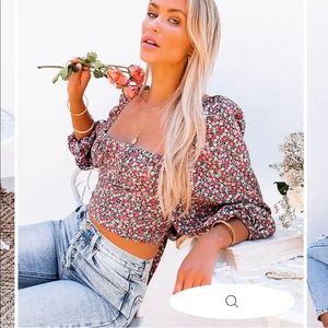 Vici Floral Red and White Smocked Top